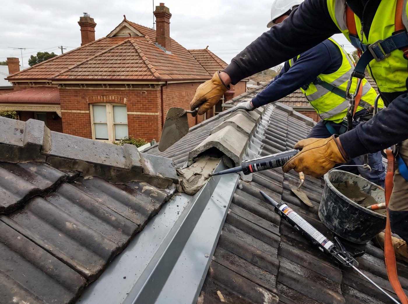 Roofers re-bedding ridge capping and sealing a valley on a tile roof (illustrative image)